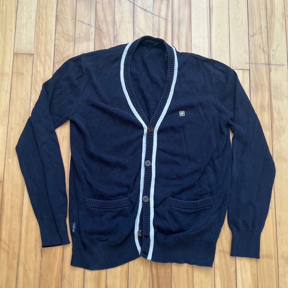 Sean John Mens Navy Blue Cotton V-Neck Button Front Cardigan Sweater Large